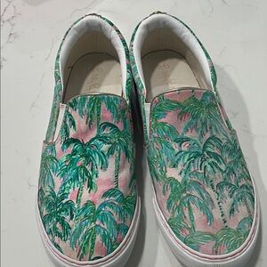 Lilly Pulitzer Pink and Green Julie Palm Print Slip On Sneakers 8.5